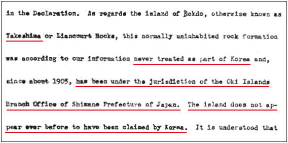 Rechazo de las reclamaciones de la República de Corea: En la carta del entonces
Subsecretario de Estado de los Estados Unidos encargado de Extremo Oriente, Dean
Rusk, en agosto de 1951. (copia)